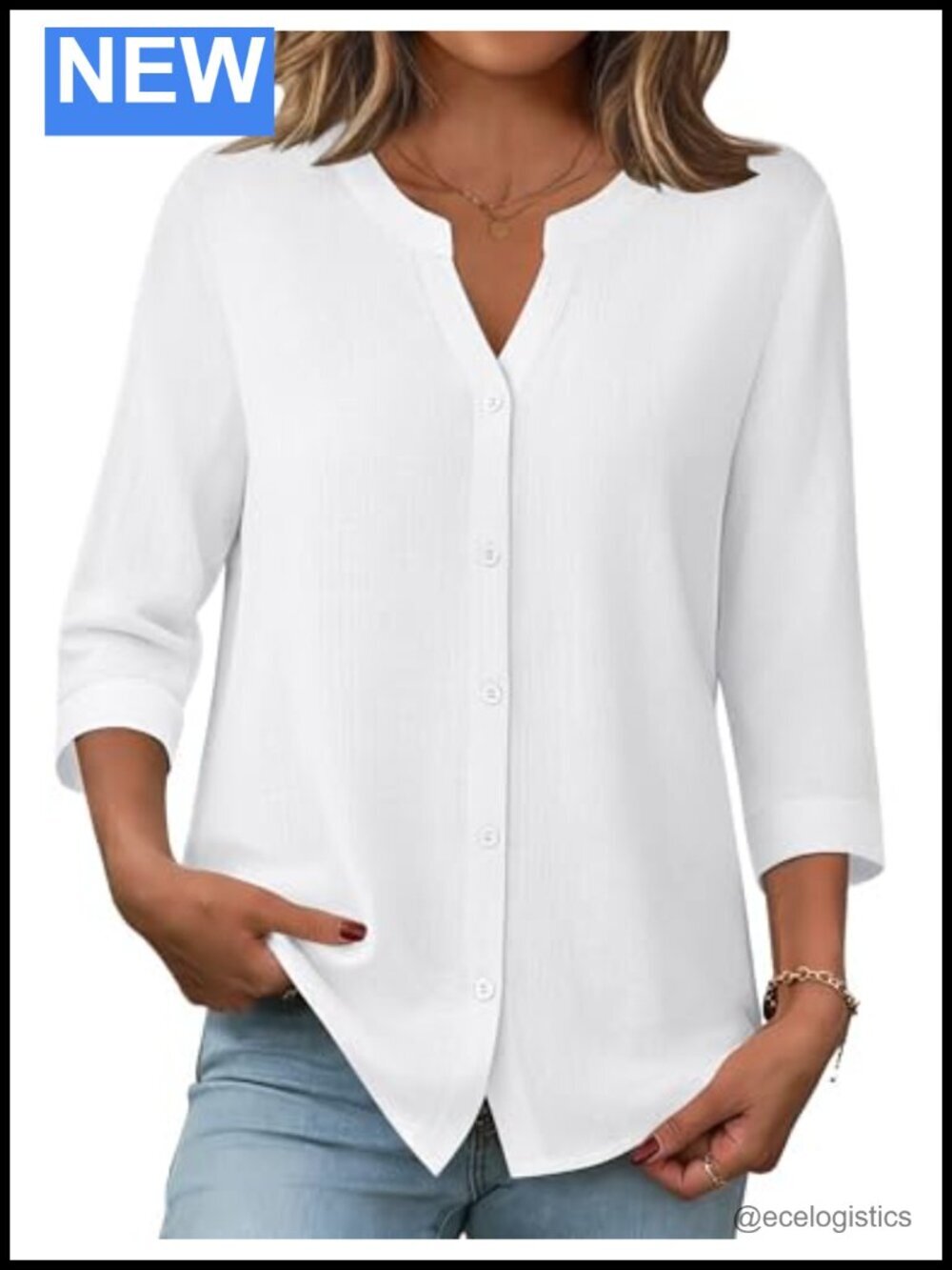 Zeagoo 3/4 Sleeve Button Down Shirt Women Cotton-Linen Blouse Casual Work Top
